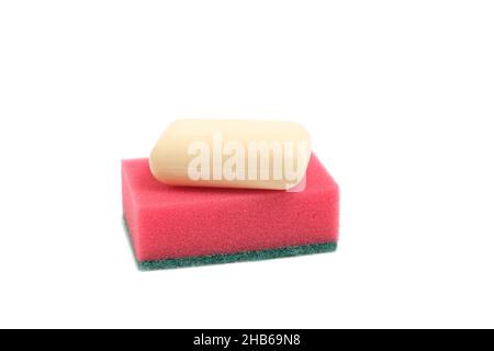 Sponge for washing dishes piece of soap on a white background Stock Photo
