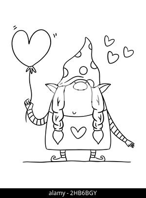 Valentines Day coloring page. Greeting Valentine card with gnome. Stock Photo