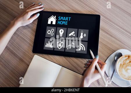 Smart home concept, control panel software on device screen. Stock Photo
