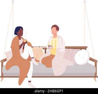 Friends sitting on hanging couch semi flat color vector characters Stock Vector