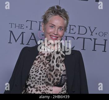 Los Angeles, USA. 17th Dec, 2021. Actress Sharon Stone attends the premiere of the motion picture historical war thriller 'The Tragedy of Macbeth' at the DGA Theatre in Los Angeles on Thursday, December 16, 2021. Storyline: A Scottish lord becomes convinced by a trio of witches that he will become the next King of Scotland, and his ambitious wife supports him in his plans of seizing power. Photo by Jim Ruymen/UPI Credit: UPI/Alamy Live News Stock Photo