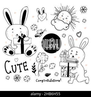 Collection of cute rabbits with gifts and boxes with bow, sun and flowers. Vector illustration. Isolated elements in hand drawn linear doodles style Stock Vector