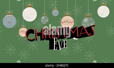 Christmas Eve and New Year background. Christmas background, Christmas toys on a green background. Flat vector illustration. Stock Vector