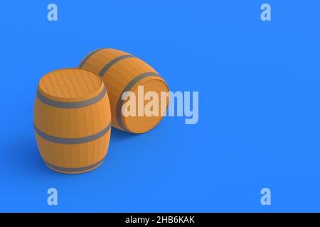 Two vintage wooden barrels on blue background. Equipment for winemaking, brewing. Storage of alcoholic beverages. Retro keg. Sale of beer. Copy space. Stock Photo