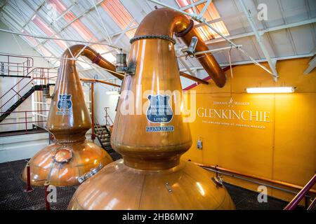 Two pot stills for distilling the whisky at the Glenkinchie Whisky Distillery in East Lothian, Scotland, UK Stock Photo