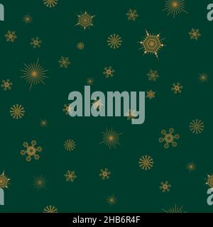 Christmas winter seamless pattern theme with golden snowflakes on dark green background Stock Vector