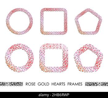 Set of golden round and square hearts frames for decorative headers. Pink gold valentine ornaments isolated on white background. Vector Stock Vector