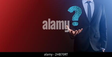 Question mark. 3d abstract on dark background with dots and stars. Ask symbol. Help support, faq problem symbol, think education concept, confusion se Stock Photo