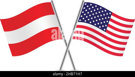 Austria and America crossed flags. Austrian and American flags on white background. Vector icon set. Vector illustration. Stock Vector
