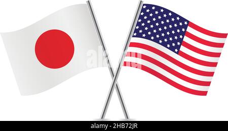 Japan and America crossed flags. Japanese and American flags isolated on white background. Vector icon set. Vector illustration. Stock Vector
