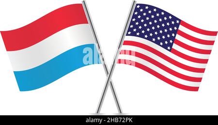 Luxembourg and America crossed flags. Luxembourgish and American flags on white background. Vector icon set. Vector illustration. Stock Vector