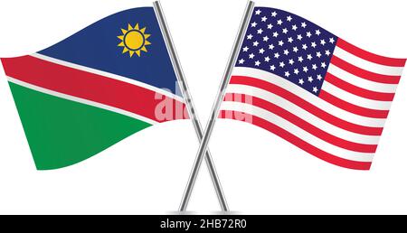 Namibia and America crossed flags. Namibian and American flags on white background. Vector illustration. Stock Vector