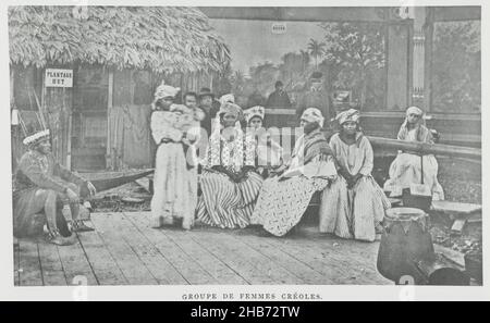 Group portrait of Surinamese women at the Colonial Exhibition, Amsterdam 1883, Groupe de femmes créoles (title on object), Group portrait of six women and two children from Suriname, photographed at the International Colonial and Export Trade Exhibition, Amsterdam 1883. In the background are two Surinamese men and a European spectator, on the left is a Caribbean man., Friedrich Carel Hisgen (mentioned on object), Roche (mentioned on object), Amsterdam, 1883 - 1884, paper, collotype, height 95 mm × width 163 mm