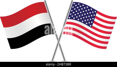 America and Yemen flags. Vector illustration. Stock Vector