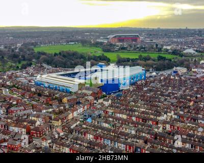 A aerial view Goodison Park, home of Everton FC and Anfield, home of Liverpool FC. The Premier League is under increasing pressure to suspend this weekend's entire schedule following a raft of coronavirus-enforced postponements. Five of the 10 scheduled matches across Saturday and Sunday have already been called off, taking the total number of postponed top-flight fixtures this week to nine. Picture date: Friday December 17, 2021.