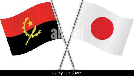 Angola and Japan flags. Vector illustration. Stock Vector