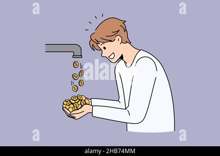 Financial success and profit concept. Young smiling businessman standing taking golden coins going from tap feeling positive dynamics vector illustration  Stock Vector