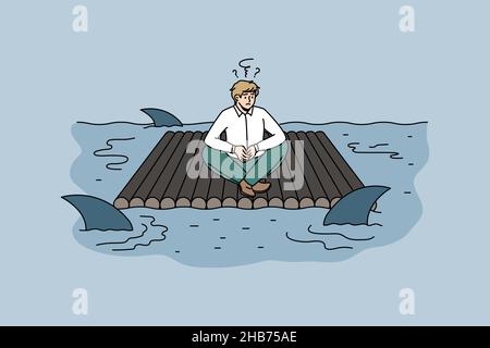 Business risks and danger concept. Stressed frustrated businessman sitting on raft feeling in danger because of sharks swimming around vector illustration  Stock Vector