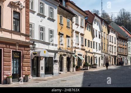 Ljubljana, Slovenia - 04 13 2018 people walking in the Streets of old Ljubljana during spring Stock Photo