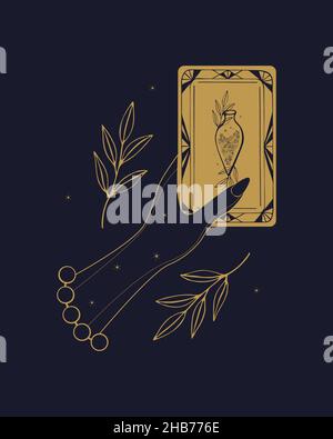 Tarot card hand of female fortune teller. Vector illustration of tarot in vintage style with mystical symbols, concept of witchcraft. Isolated, white background. Vector illustration Stock Vector