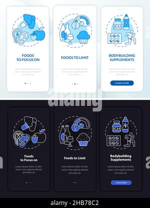 Bodybuilding meals night and day mode onboarding mobile app screen Stock Vector