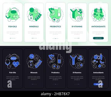 Dietary supplements night and day mode onboarding mobile app screen Stock Vector