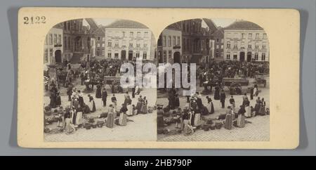 Market scene on the market in Sittard with on the left the former town hall, in the background watchmaker H. Gerversman and cafe-restaurant-lodging Jos l'Ortije-Bergmans., anonymous, Sittard, 1879 - 1910, paper, cardboard, albumen print, height 90 mm × width 179 mm Stock Photo