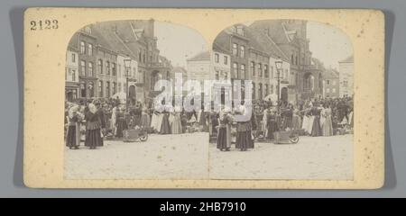 Market scene on the market in Sittard, anonymous, Sittard, 1879 - 1910, paper, cardboard, albumen print, height 90 mm × width 179 mm Stock Photo