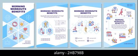 Morning workout benefits blue brochure template Stock Vector