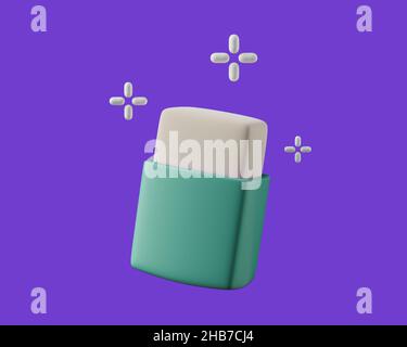 Simple eraser tool with magic stars 3d render illustration. Isolated object on violet background. Stock Photo