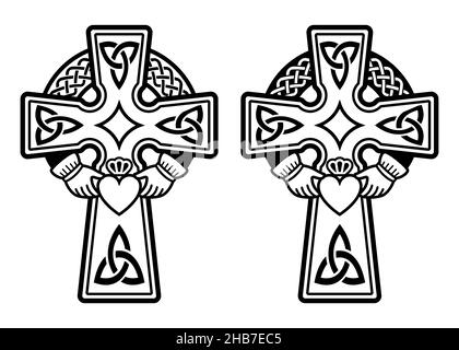 Irish Celtic cross with Claddagh ring - heart and hands vector design set - St Patrick's Day celebration in Ireland Stock Vector