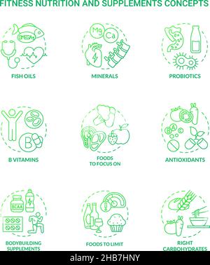 Fitness nutrition and supplements green gradient concept icons set Stock Vector