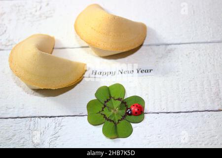 fortune cookies with the text happy new year Stock Photo