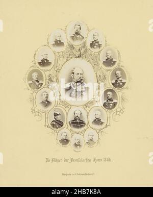 Portrait of King Wilhelm I of Prussia surrounded by smaller portraits of Bismarck and generals, Die Führer der Preusischen Heere, 1866 (title on object), H. Prothmann (mentioned on object), Bruno Meyer & Cie (mentioned on object), Königsberg, Koningsberg, 1866, paper, cardboard, albumen print, height 120 mm × width 194 mm Stock Photo