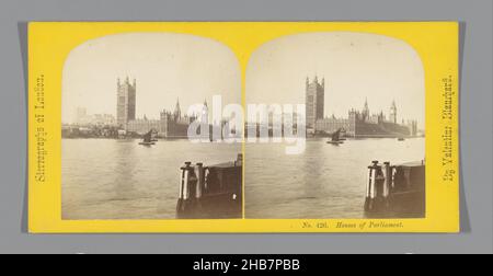 View of the Palace of Westminster, seen from across the Thames, Houses of Parliament. (title on object), Valentine Blanchard (mentioned on object), London, c. 1850 - c. 1880, cardboard, albumen print, height 85 mm × width 170 mm