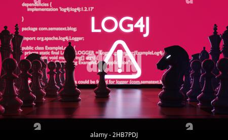 Chess board with text Log4j, warning sign and digital numbers. Cyberspace and vulnerability. 3D rendering. Stock Photo