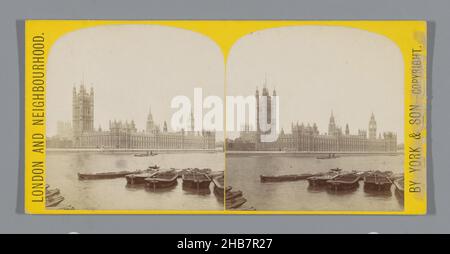 View of the Palace of Westminster, seen from across the Thames, Houses of Parliament, from Lambeth (title on object), London and Neighbourhood (series title on object), York & Son (mentioned on object), London, c. 1860 - c. 1880, cardboard, albumen print, height 85 mm × width 170 mm