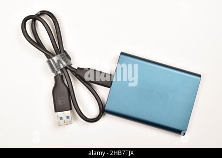 external ssd with cable isolated on white background Stock Photo