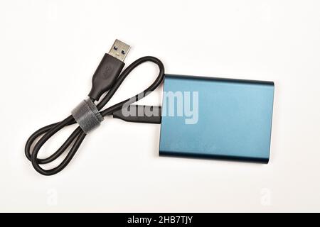 SSD Hard Drive with Cable Isolated on White Background Stock Photo