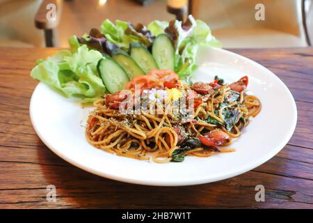 spaghetti or spicy spaghetti, pasta or spicy pasta for serve Stock Photo