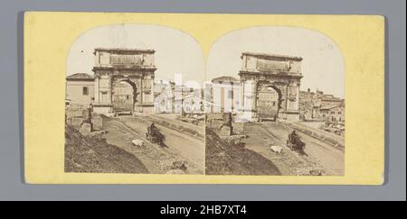 View of the Arch of Titus in Rome, with a horse-drawn carriage in the foreground, anonymous, Forum Romanum, c. 1850 - c. 1880, cardboard, albumen print, height 85 mm × width 170 mm Stock Photo