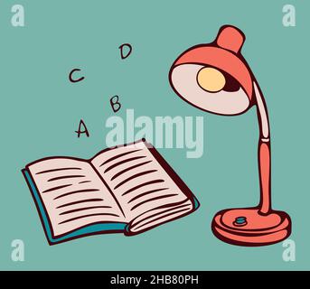 Vector illustration of table lamp, open book and letters. Design in cartoon style. Stock Vector