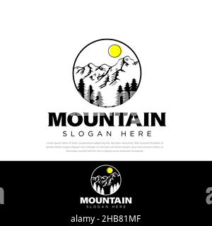 Mountain forest logo design, trees, sun Illustration Templates, symbol, icon Stock Vector
