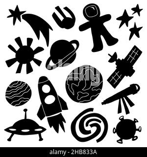 Doodle space. Hand drawn cartoon spaceship. Abstract cosmic collage. Vector galaxy black trandy sticker Stock Vector