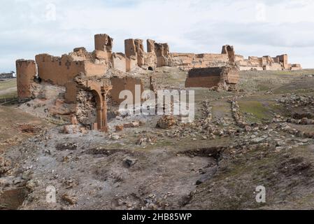 Backside of the northern city walls of the ruined medieval Armenian city Ani now situated in Turkey's province of Kars. Stock Photo