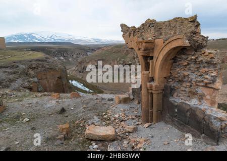 Ruins and caves of the medieval Armenian city Ani now situated in Turkey's province of Kars. Stock Photo