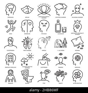 Mental disorders icon set in thin line style. Psychological problems symbols collection. Vector illustration. Stock Vector