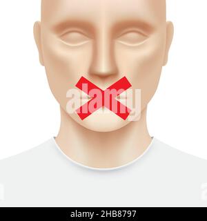 White man face with talking prohibition red cross sign covering the moth. Free speech censorship, concept vector illustration. Stock Vector