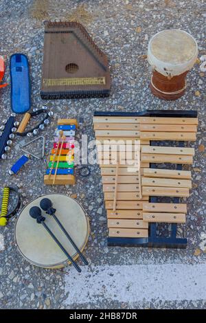 Xylophone Timpani Mallets Drum Musical Instruments at Flea Market Stock Photo