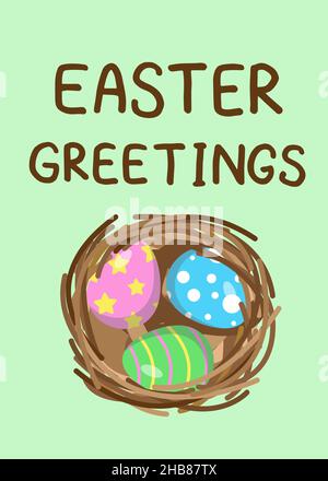 Happy Easter greeting card with bird nest and colorful eggs in it. Spring season holidays print Stock Vector
